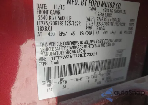 2016 Ford F-250 Xlt from USA, damaged, VIN 1FT7W2BT1GEB23321